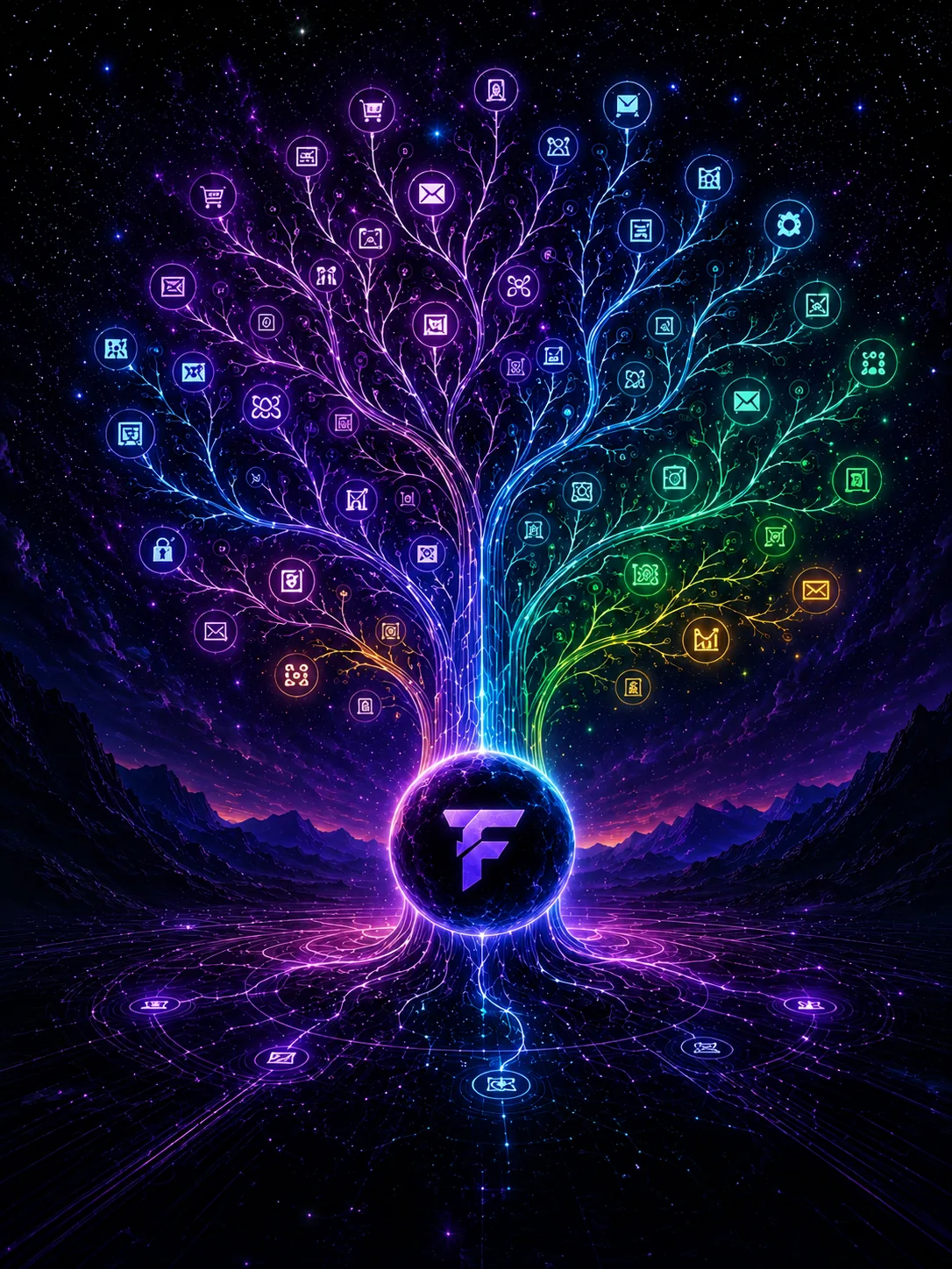 ForgeOS cosmic ecosystem tree with connected app modules